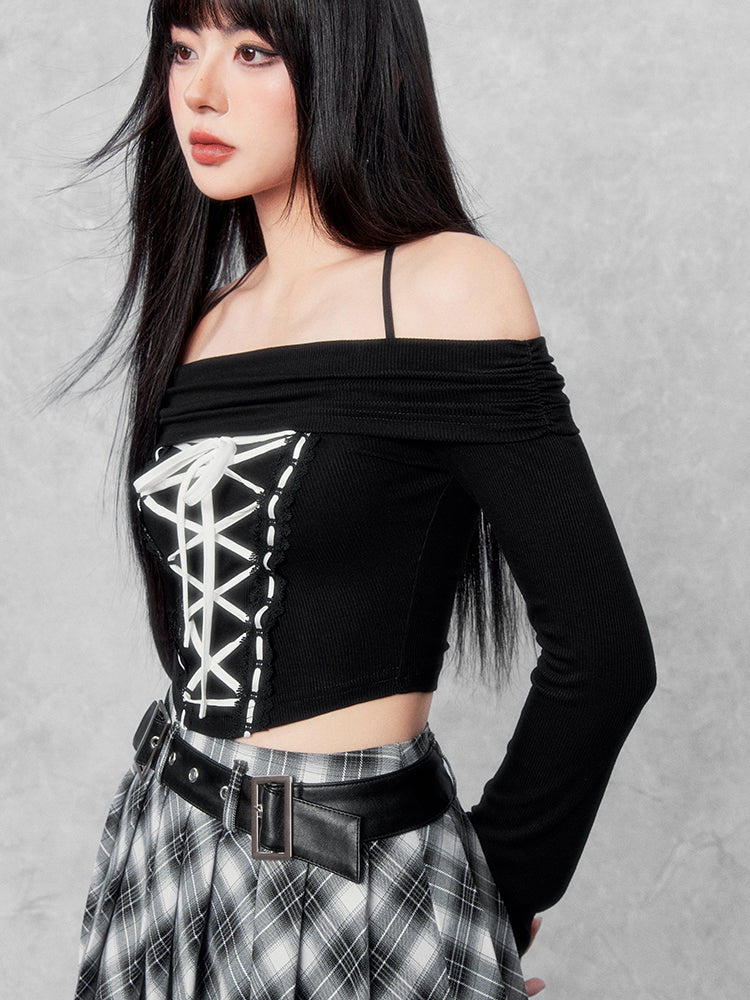 LUNA VEILのレースアップオフショルダーカットソー lace up off shoulder cut and sew LV0210の画像1